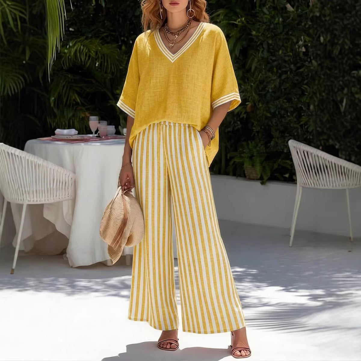 Tunic-Style Striped Casual Trousers Women's Outfit