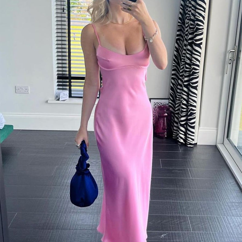 Women's Satin Slip Maxi Dress Elegant Backless Party Dress