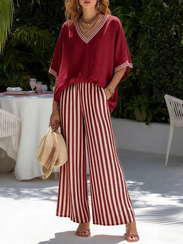 Tunic-Style Striped Casual Trousers Women's Outfit