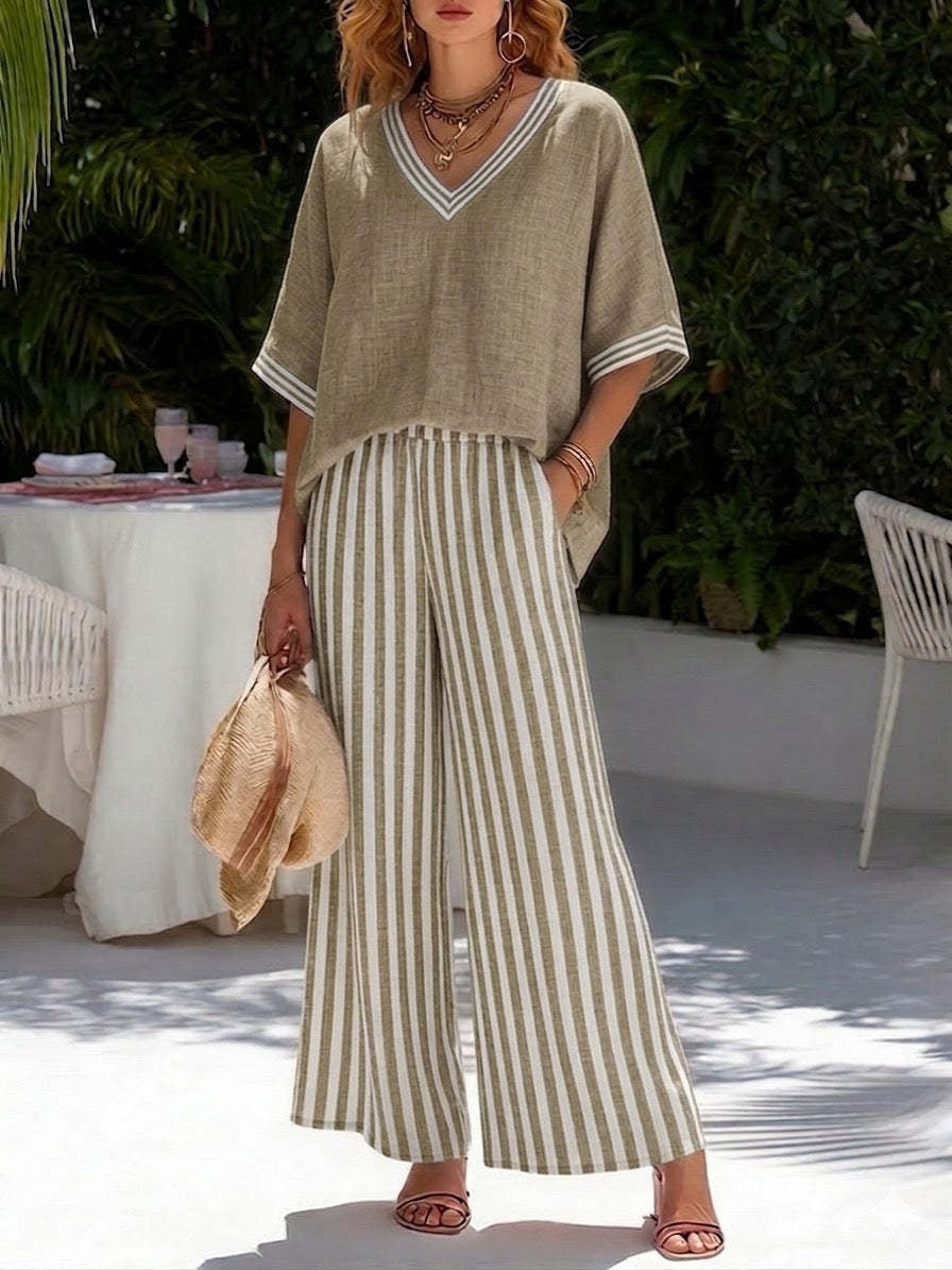 Tunic-Style Striped Casual Trousers Women's Outfit