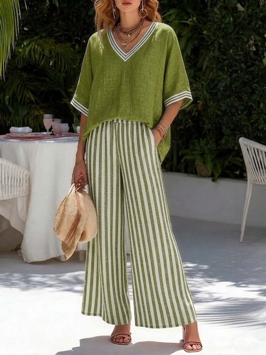 Tunic-Style Striped Casual Trousers Women's Outfit