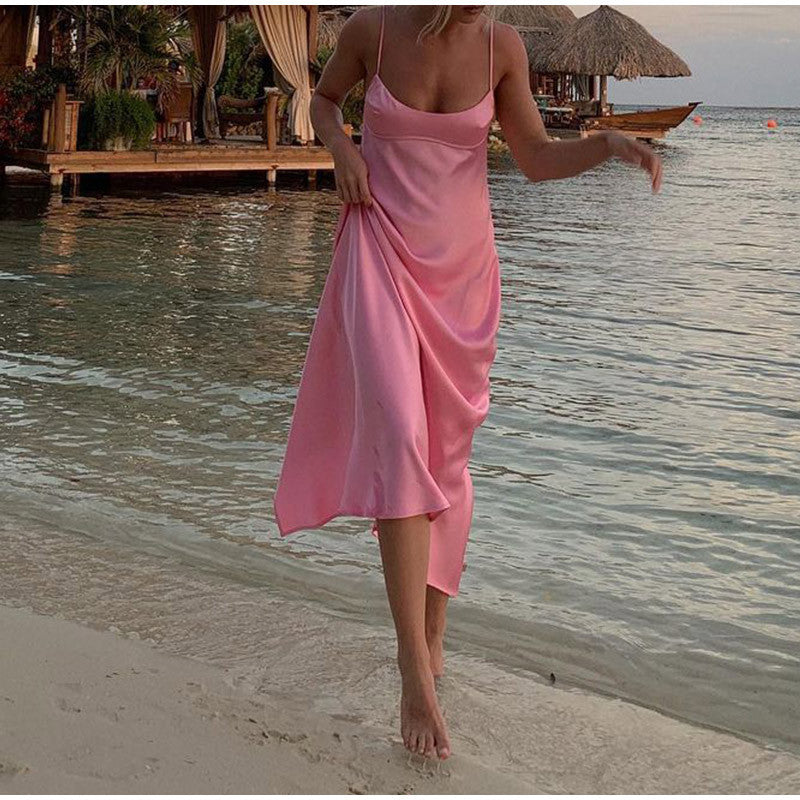 Women's Satin Slip Maxi Dress Elegant Backless Party Dress