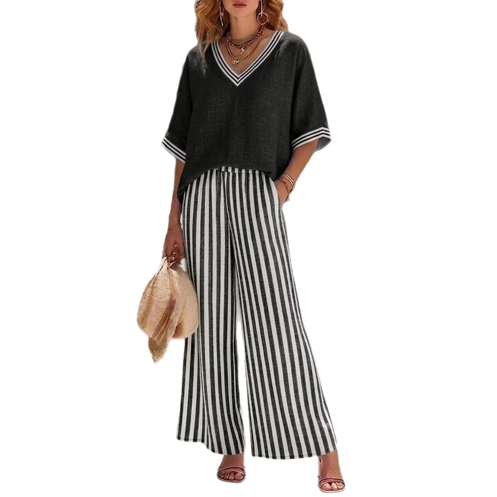 Tunic-Style Striped Casual Trousers Women's Outfit