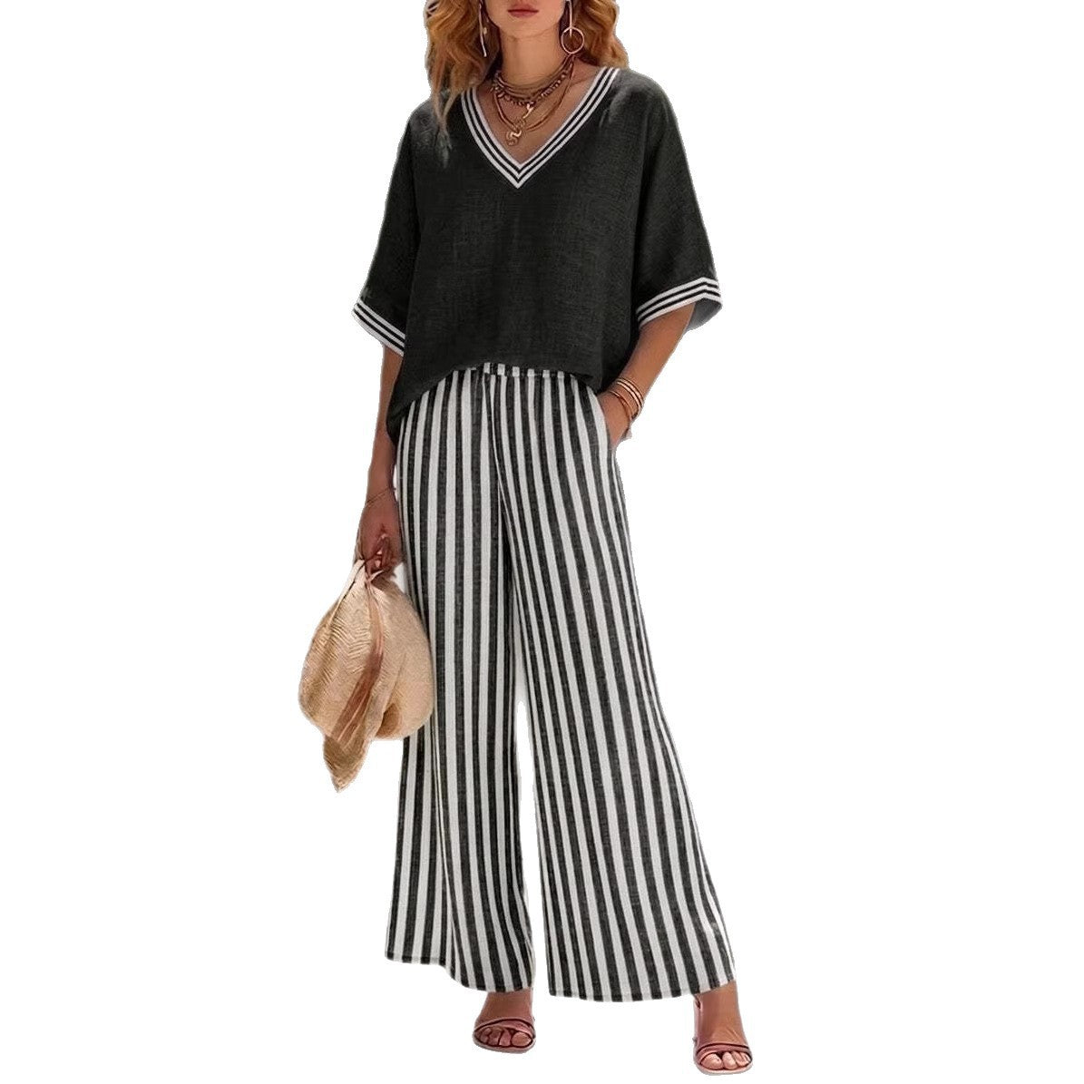 Tunic-Style Striped Casual Trousers Women's Outfit