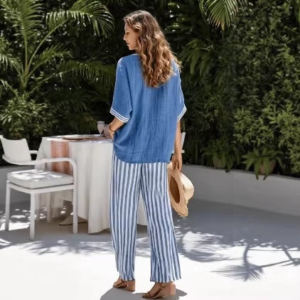 Tunic-Style Striped Casual Trousers Women's Outfit