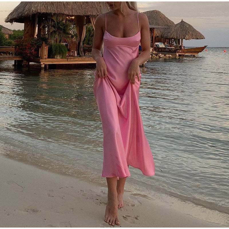 Women's Satin Slip Maxi Dress Elegant Backless Party Dress