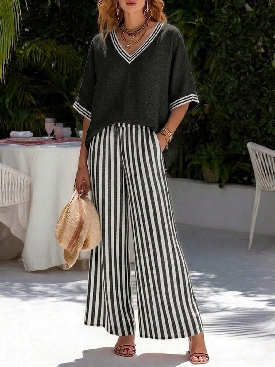 Tunic-Style Striped Casual Trousers Women's Outfit